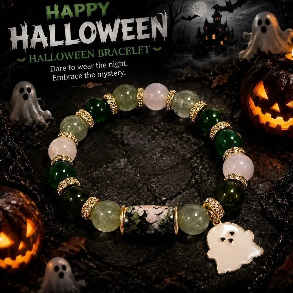 Halloween Crystal Beaded Bracelet – Ghost & Pumpkin Pendant Beaded Bracelet PLUSH