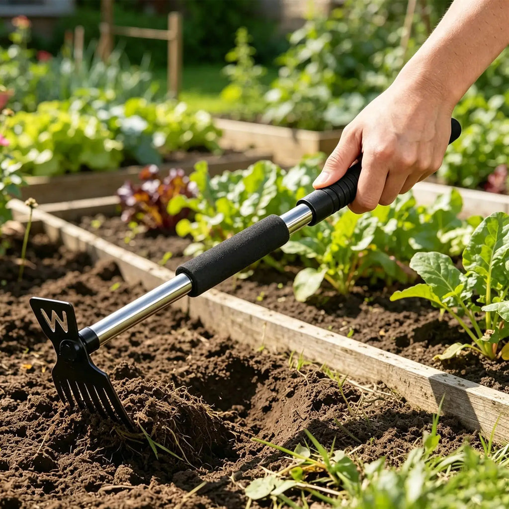 7-Tooth Adjustable Thatch Rake – Steel Garden Soil Cultivator Garden Thatch Rake PLUSH