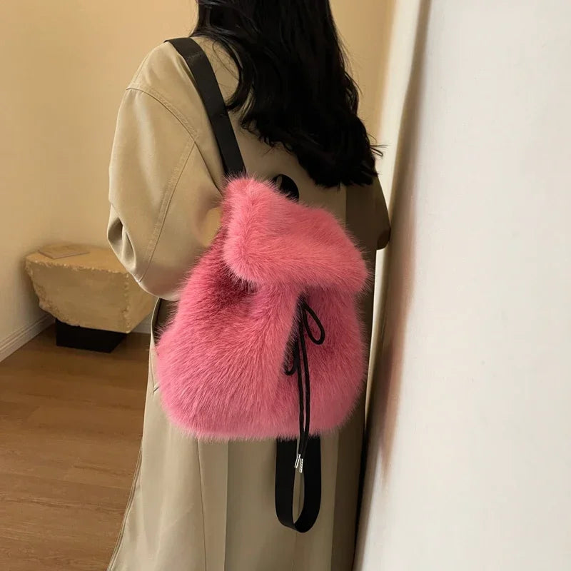 Women's Fox Fur Backpack – Magnetic Drawstring Flap Bag Set Women's Backpack PLUSH