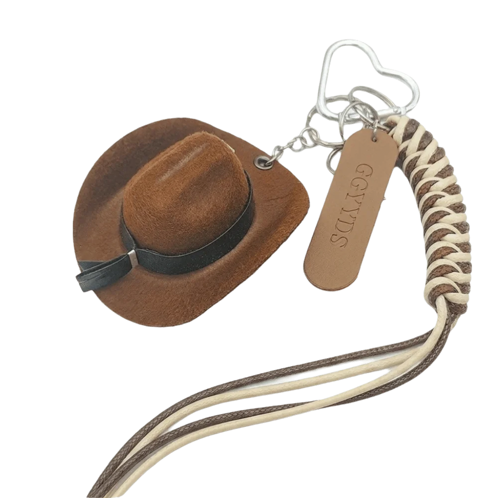 Vintage Mini Cowboy Hat Keychain – Braided Star Pendant Charm Fashion Keychain Charm PLUSH Brown