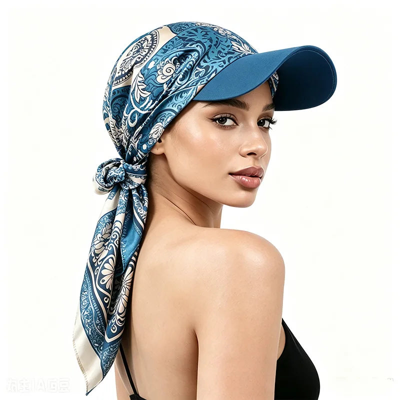 Women's Bandana Visor Hat Self-Tie Headscarf Beach Cap Visor Headscarf Hat PLUSH Blue floral pattern One Size