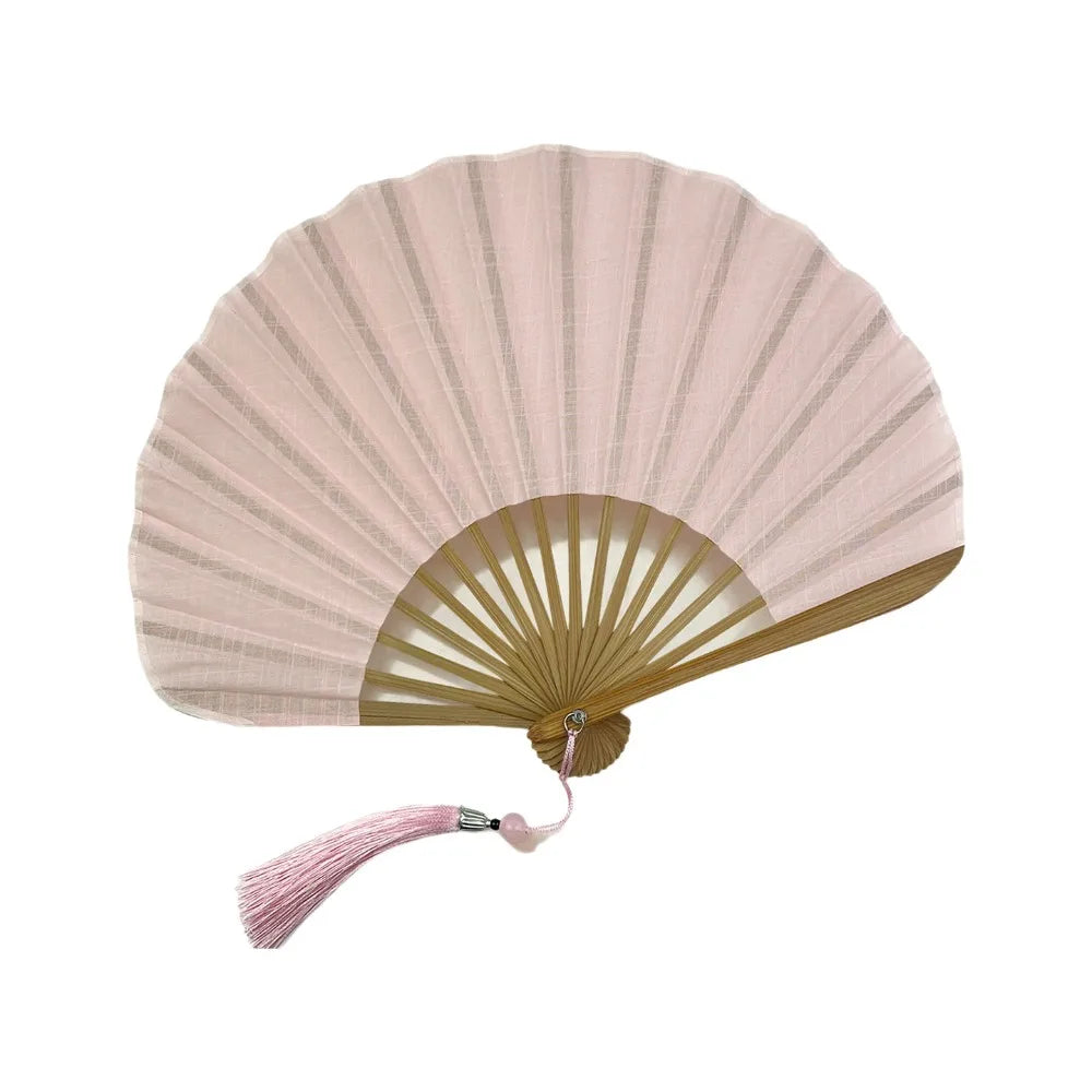 Shell-Shaped Folding Hand Fan – Bamboo Frame & Tassel Folding Hand Fan PLUSH Pink