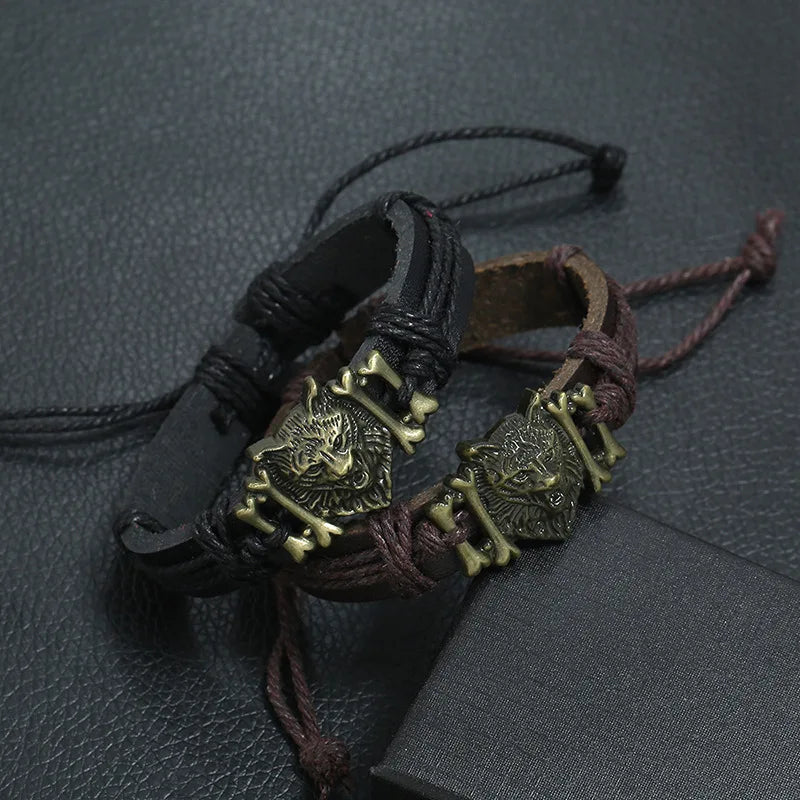 Viking Wolf Head Braided Leather Bracelet – Adjustable Unisex Charm Bracelet PLUSH