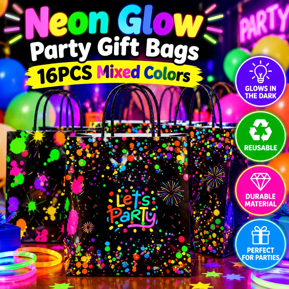 Neon Glow Party Gift Bags with Handles – Glow-in-the-Dark Tote Party Favor Bags PLUSH