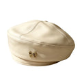 Women's PU Leather Bow Beret | British Newsboy Cap All Seasons Women's Beret Hat PLUSH Beige