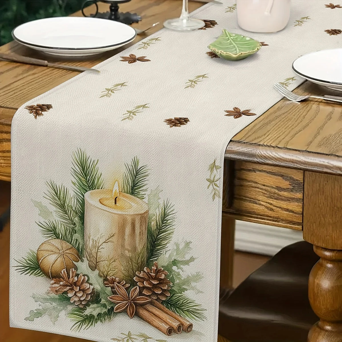 Christmas Candlestick Table Runner – Pine & Candle Print Holiday Table Runner PLUSH