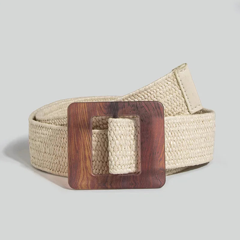 Women's Straw Woven Elastic Waist Belt | Bohemian Beach Style Woven Waist Belt PLUSH Beige 100cm
