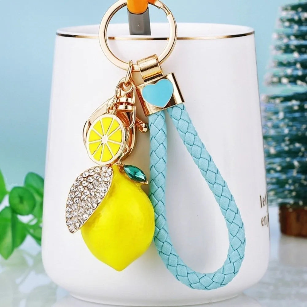 Lemon Keychain Rhinestone Leaf Charm & Braided Rope Strap Fashion Keychain PLUSH