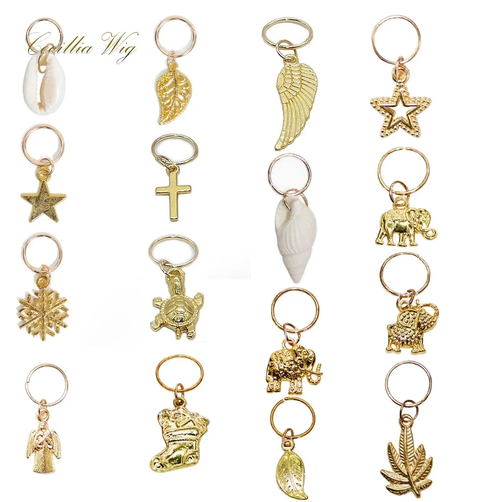 5pcs Dreadlock Beads Hair Braid Cuffs – Gold Leaf & Shell Rings Dreadlock Hair Cuffs PLUSH