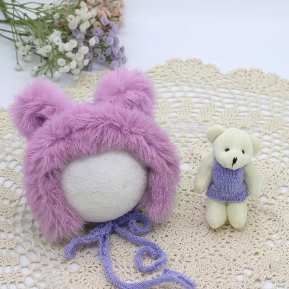 Newborn Photography Props Set – Rabbit Fur Hat & Teddy Bear Newborn Photo Props PLUSH Light purple Fabric