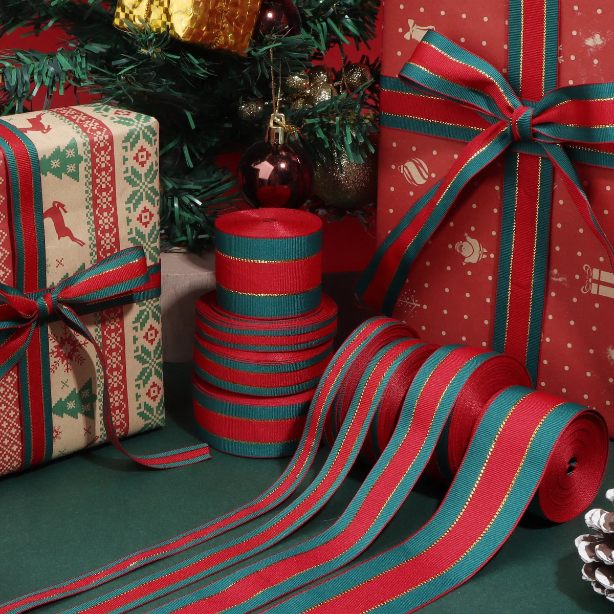 Red Green Stripe Christmas Ribbon 5-10 Yards | DIY Gift Wrap Craft Ribbon PLUSH