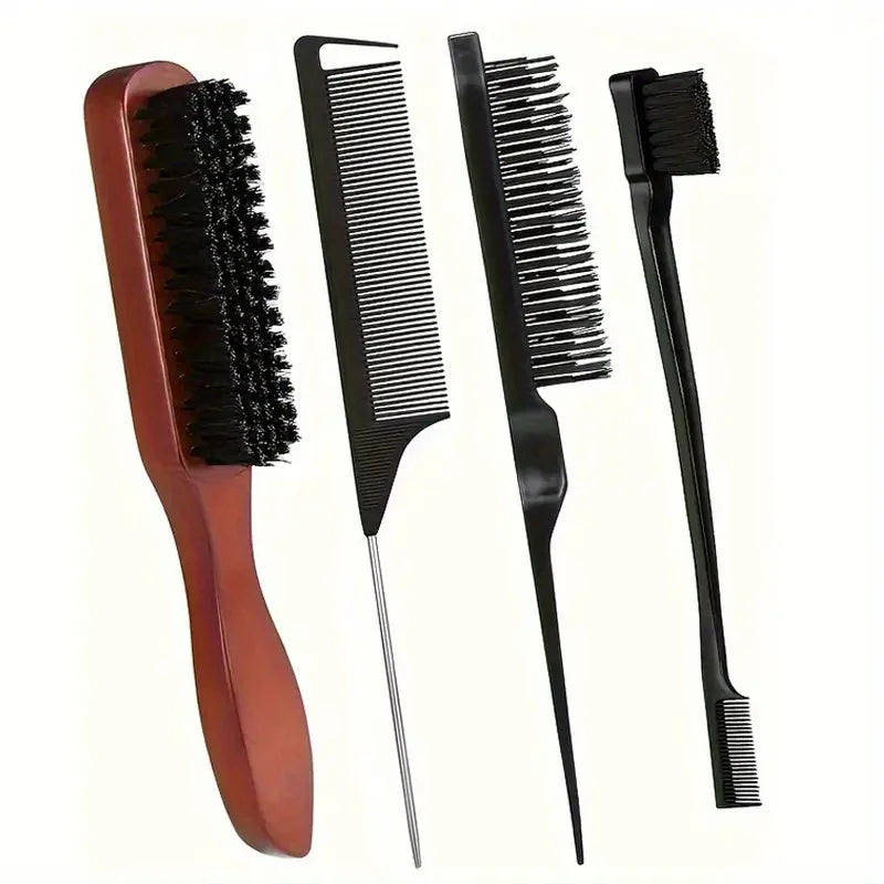 Wild Boar Bristle Hair Brush & Comb Set – Edge Control Styling Hair Brush Set PLUSH 4pcs-1