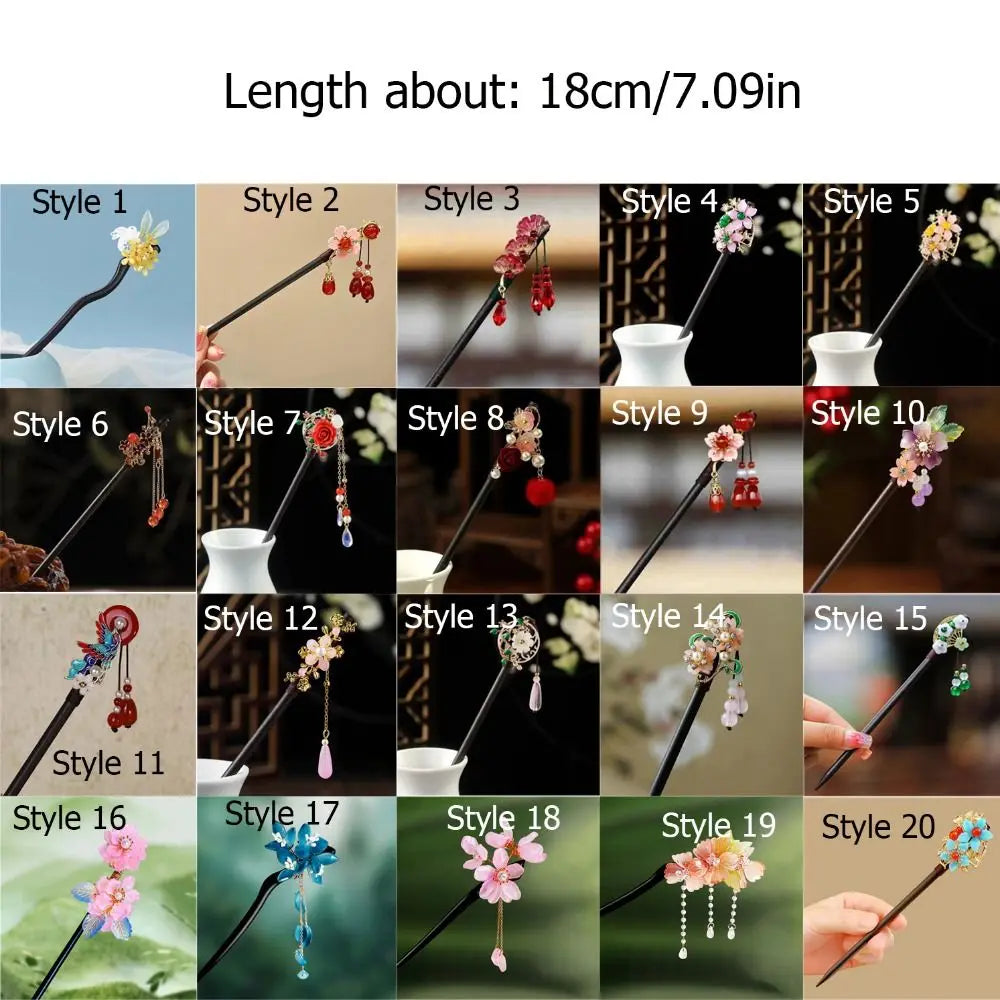 Wooden Chinese Hair Stick Vintage Flower Tassel Hairpin Fork Hair Stick Hairpin PLUSH
