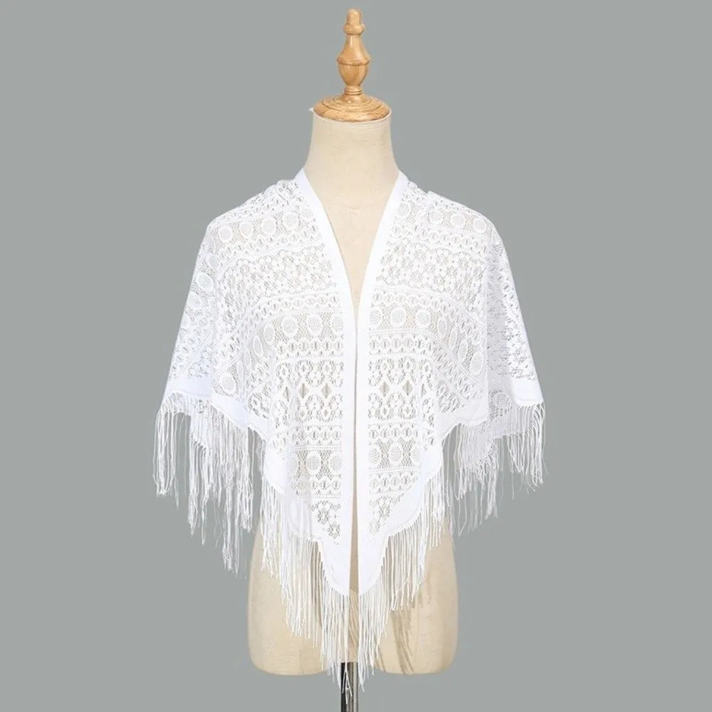 White Lace Mesh Tassel Triangle Shawl | Wedding Scarf Lace Triangle Shawl PLUSH