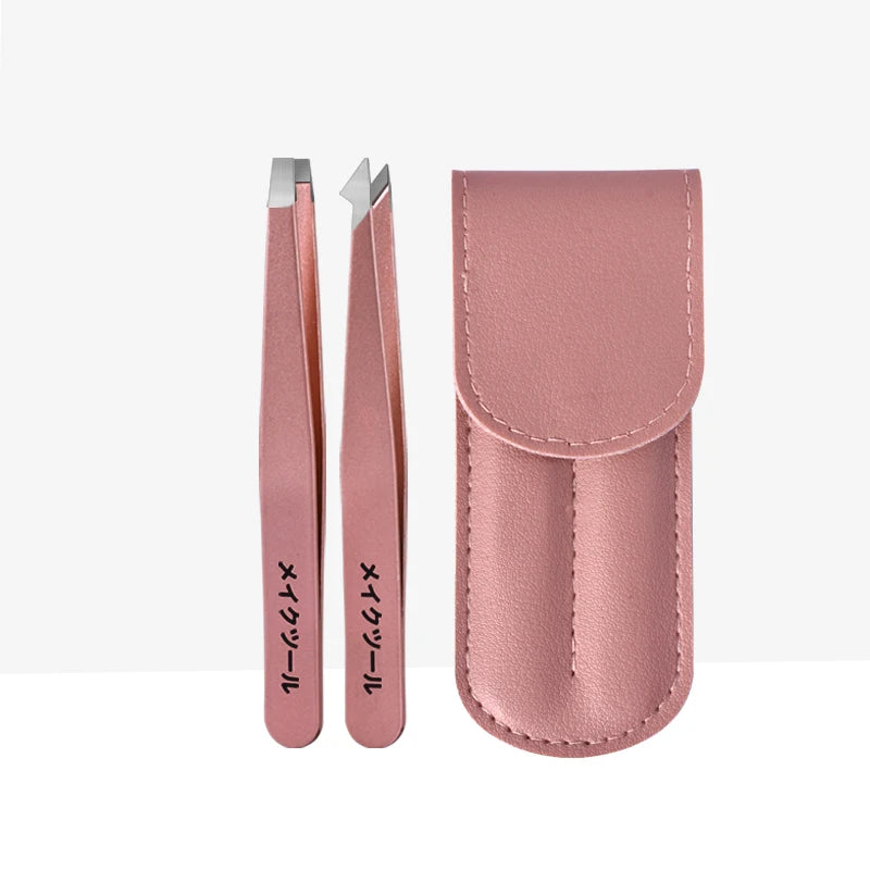 Professional Stainless Steel Tweezers Set with Case – 3pcs Tweezers Set PLUSH Pink Flat Hooked