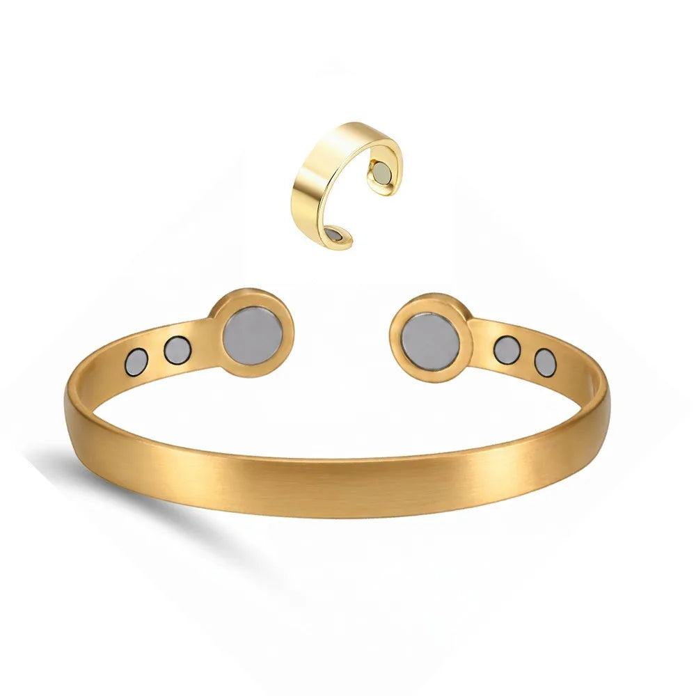 Retro Magnetic Cuff Bracelet & Ring Set – Unisex Alloy Bangle Cuff Bracelet Set PLUSH Gold Bangles Ring
