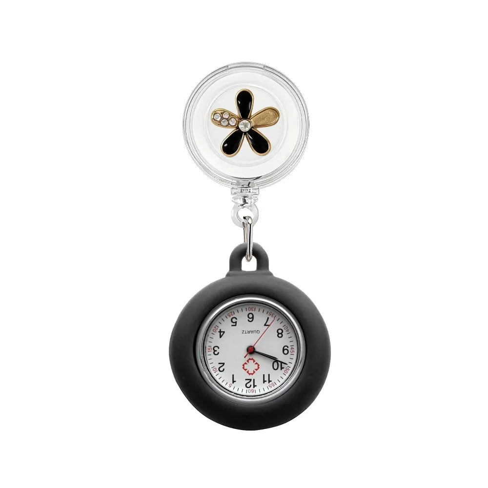 Retractable Nurse Fob Watch – Floral Badge Reel Pocket Watch Nurse Fob Watch PLUSH Black gold diamond