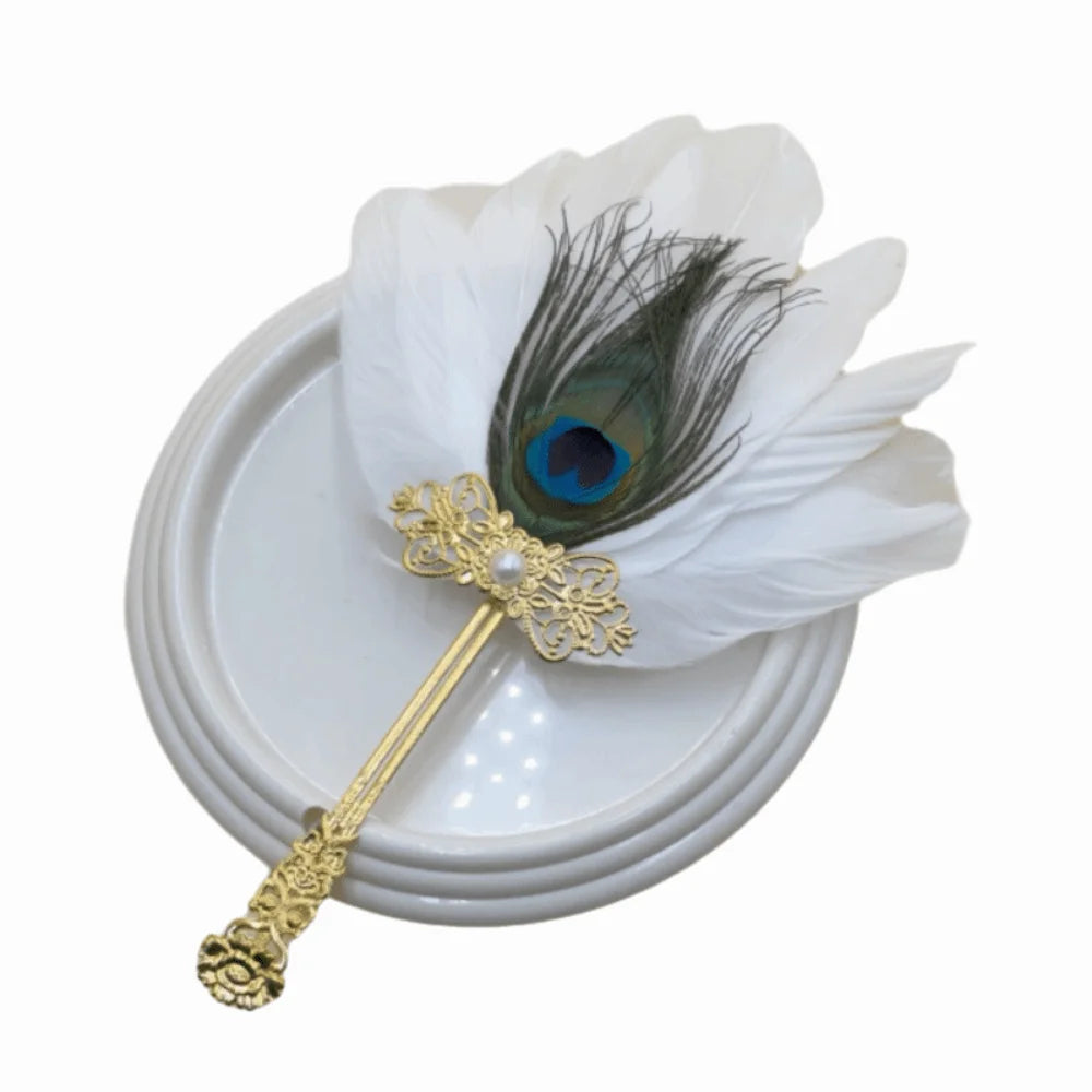 Peacock Feather Hand Fan – Vintage Dance & Photo Prop Decorative Hand Fan PLUSH White