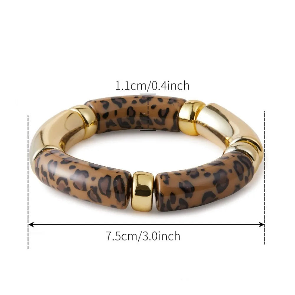 Vintage Acrylic Leopard Beaded Stretch Bracelet – Boho Bangle Beaded Stretch Bracelet PLUSH