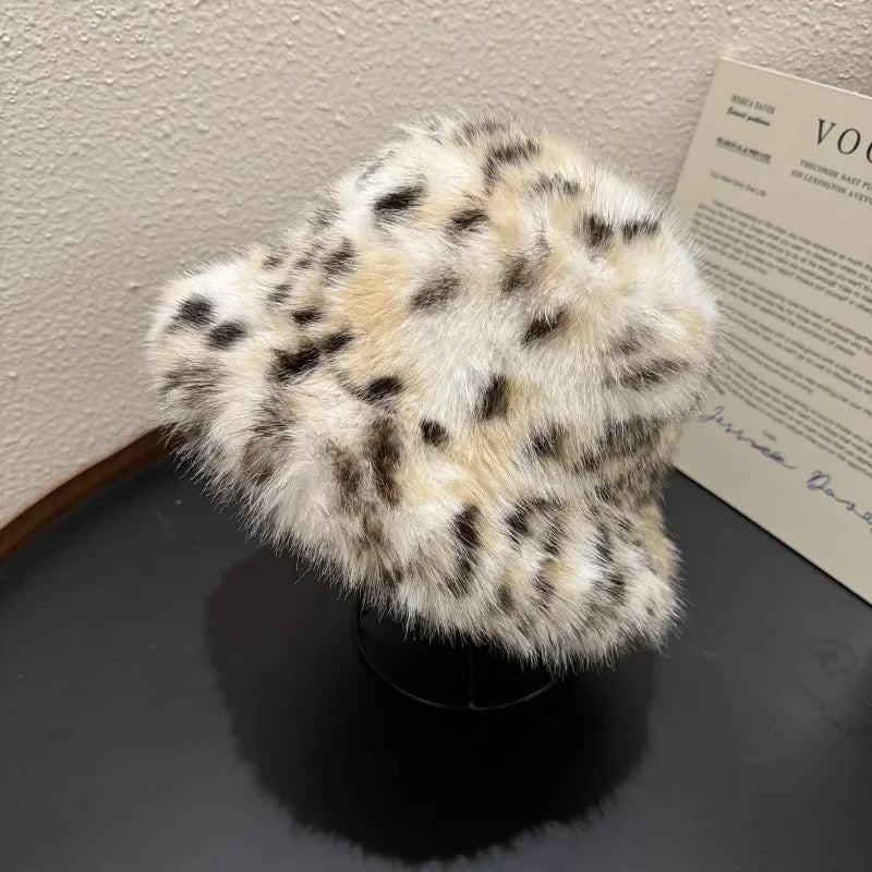 Women's Puffy Faux Fur Bucket Hat | Leopard Print Winter Hat Faux Fur Bucket Hat PLUSH