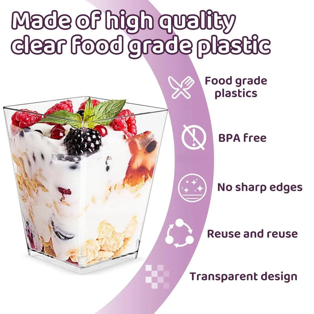 Square Plastic Dessert Cups with Spoons – Reusable Party Dessert Party Cups PLUSH