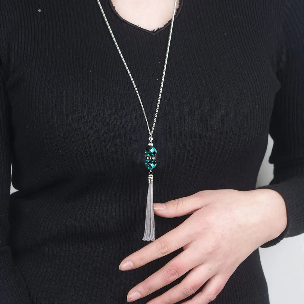 Silver-Tone Long Pendant Sweater Chain Necklace for Women Pendant Necklace PLUSH