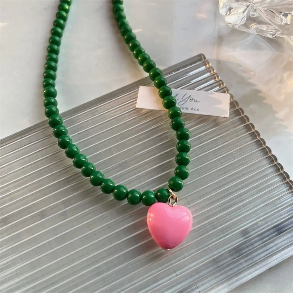 Y2K Rainbow Heart Pendant Necklace | Korean Chain Jewelry Heart Pendant Necklace PLUSH Green