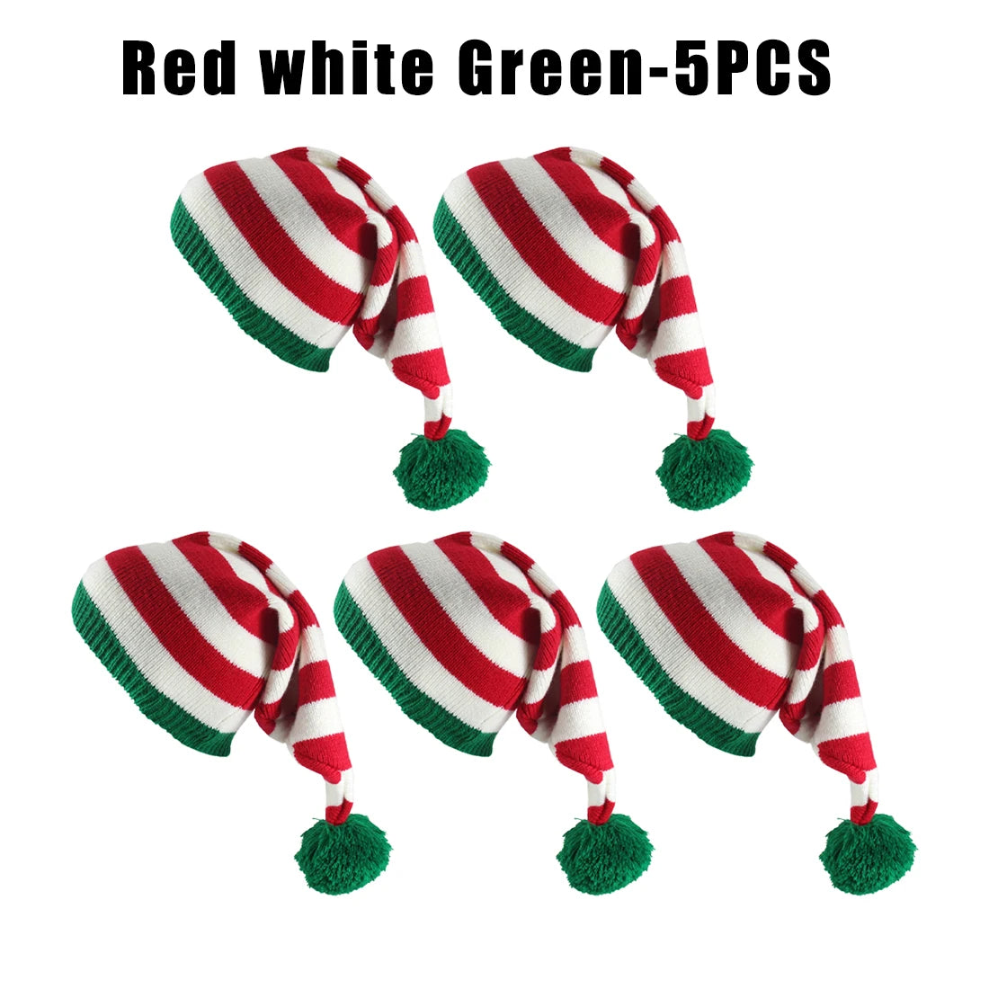 Winter Long Tail Elf Hat Christmas Knit Pom Pom Santa Hat Christmas Elf Hat PLUSH as show Red white Green 5PC