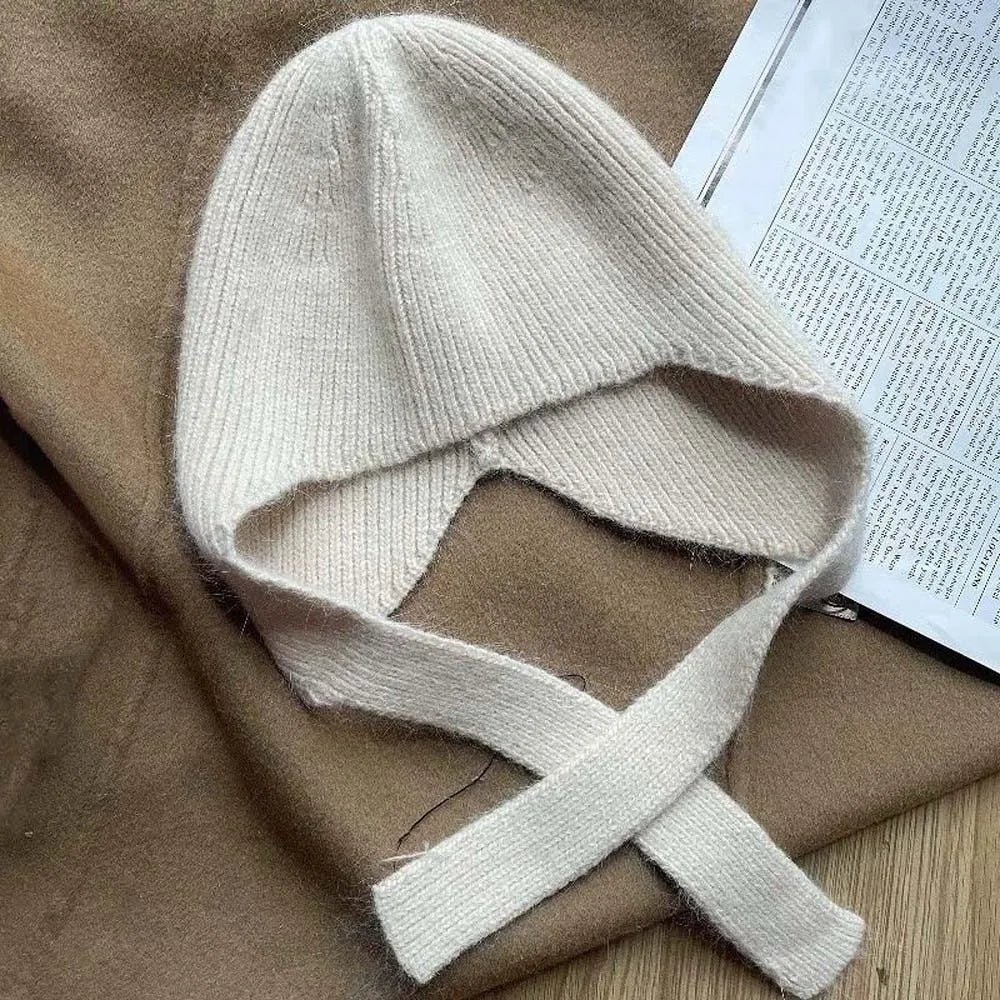Women's Knit Earflap Beanie with Ribbon Tie – Korean Style Knit Earflap Beanie PLUSH