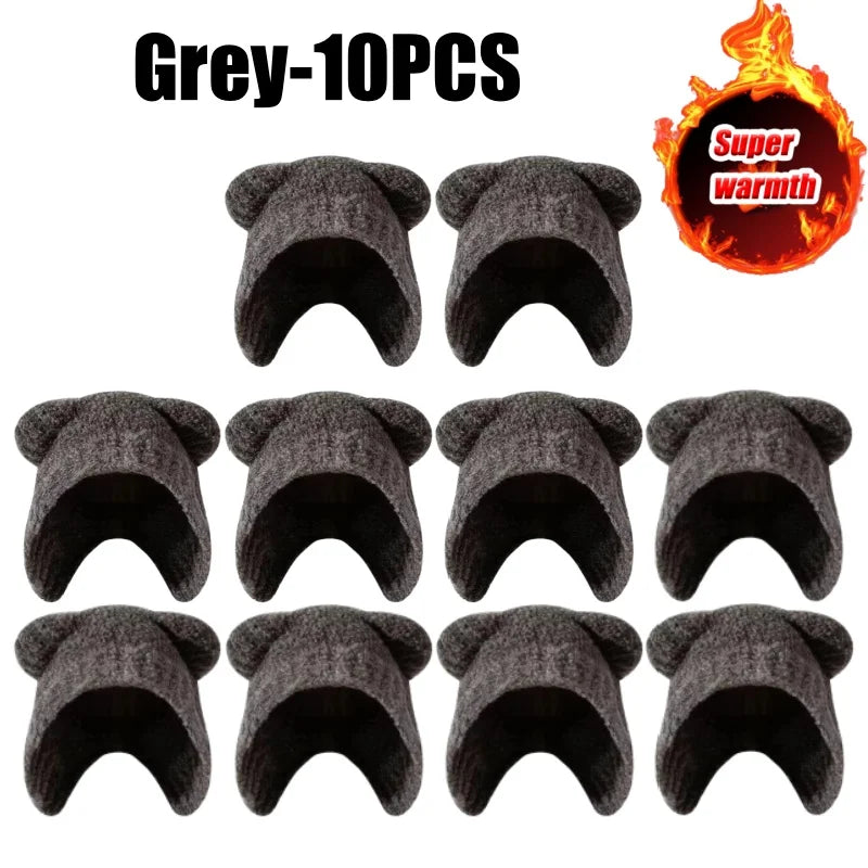 Women's Bear Ear Fleece Lined Knit Beanie – Korean Winter Hat Winter Knit Beanie PLUSH Grey-10PCS