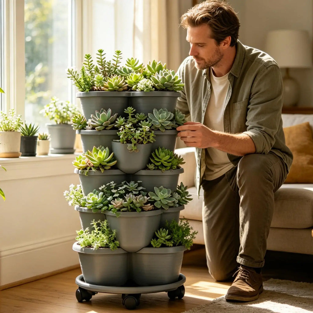5-Tier Stackable Planter Tower with Wheels – 5pcs Gray Stackable Planter Tower PLUSH