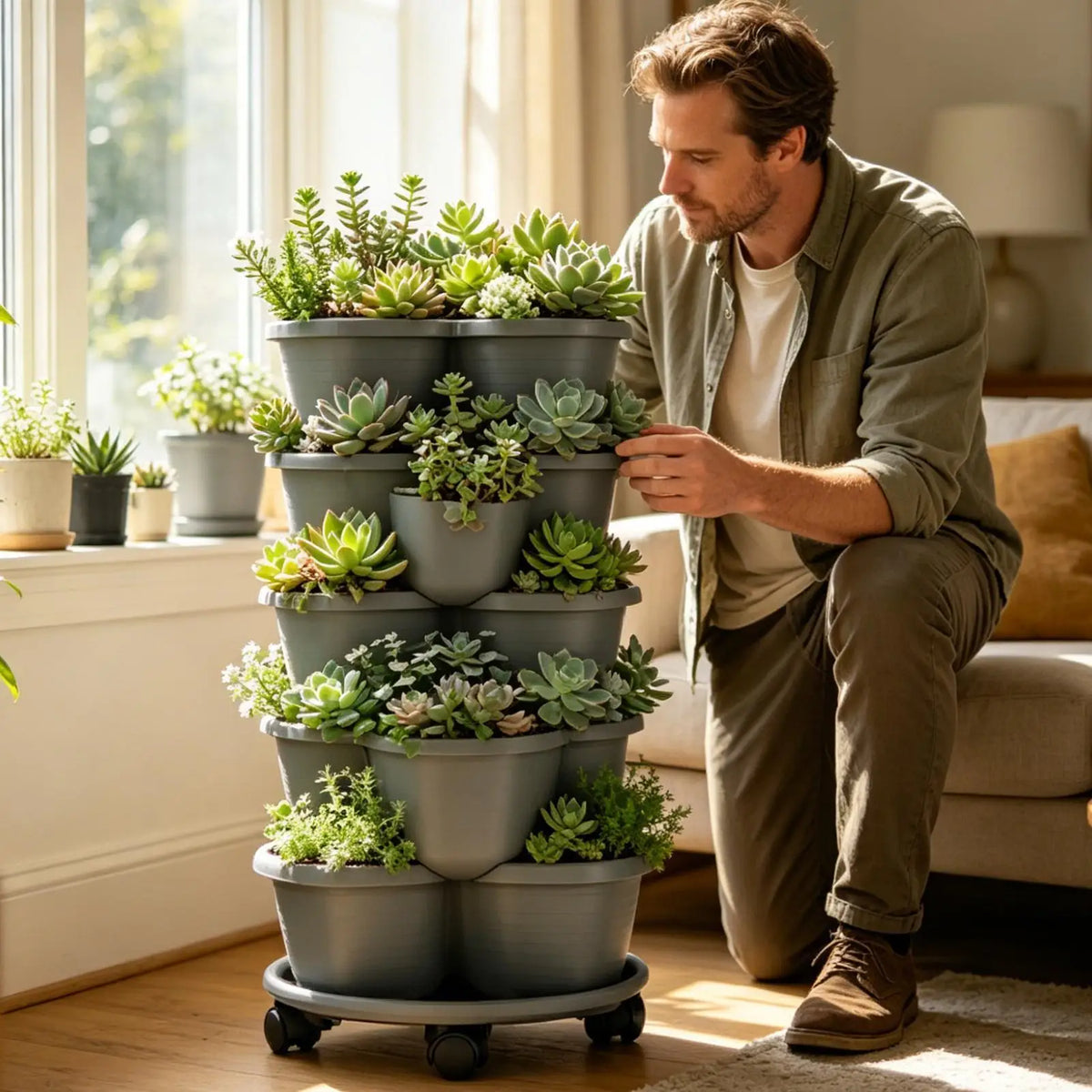 5-Tier Stackable Planter Tower with Wheels – 5pcs Gray Stackable Planter Tower PLUSH