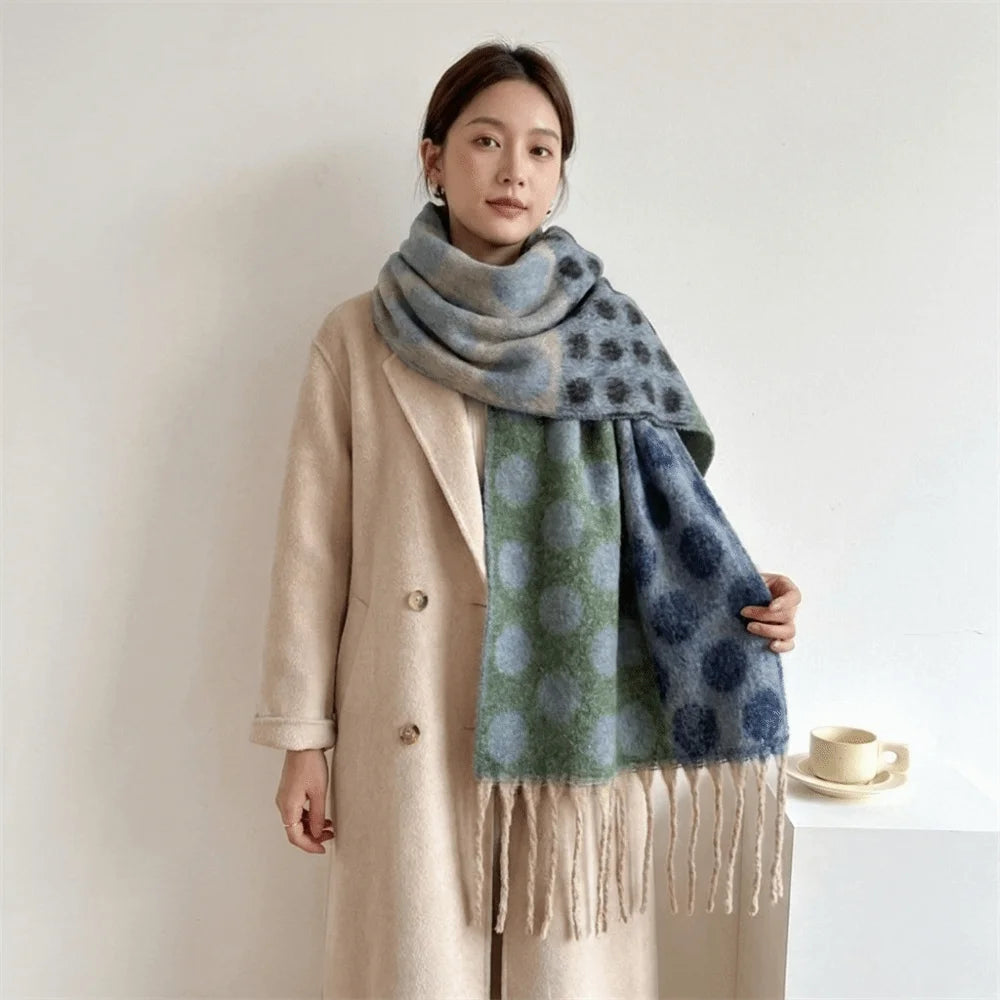 Vintage Polka Dot Faux Cashmere Scarf – Tassel Wrap Shawl Scarf & Wrap Shawl PLUSH