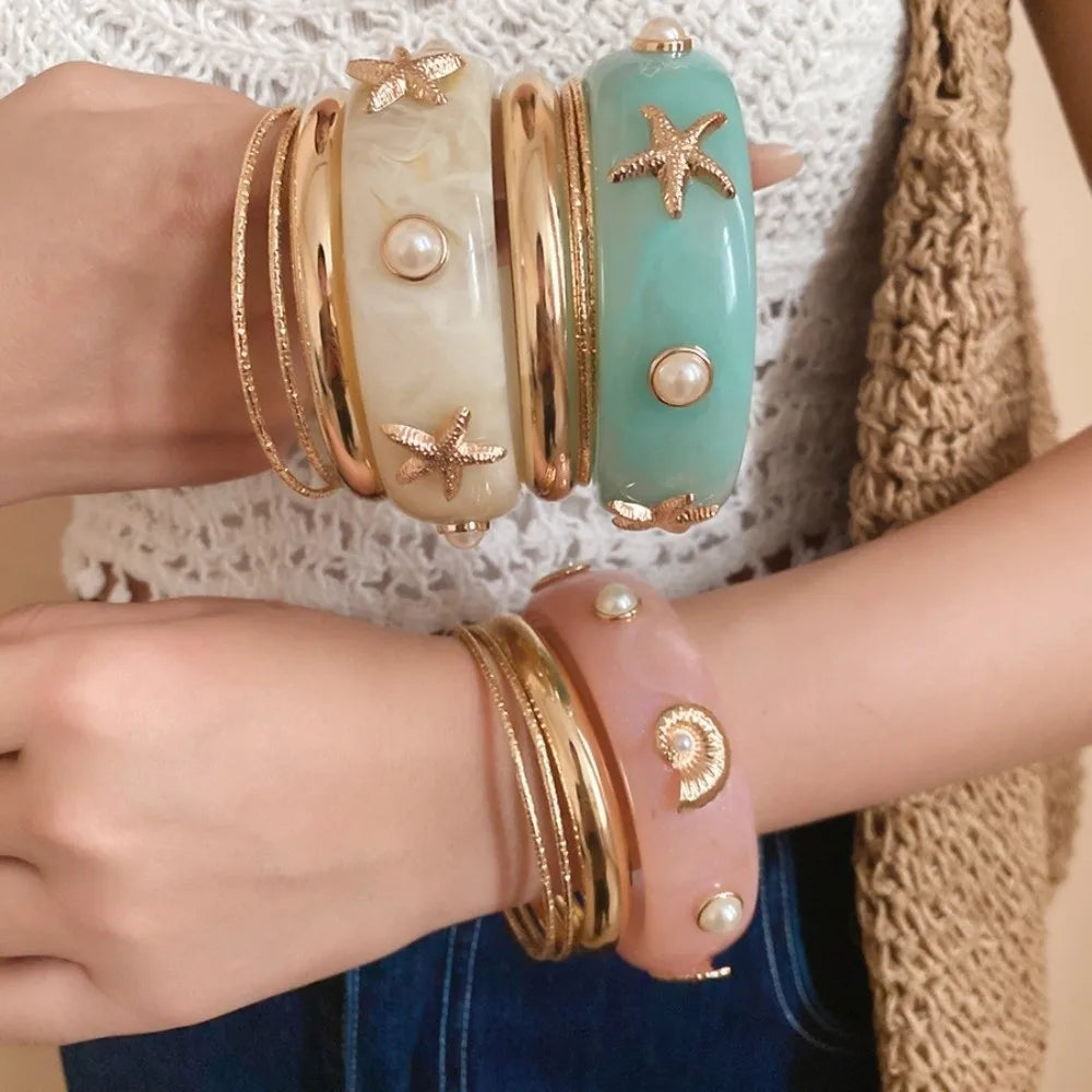 4pcs Starfish Conch Shell Bangle Set – Ocean Vacation Jewelry Bangle Bracelet Set PLUSH