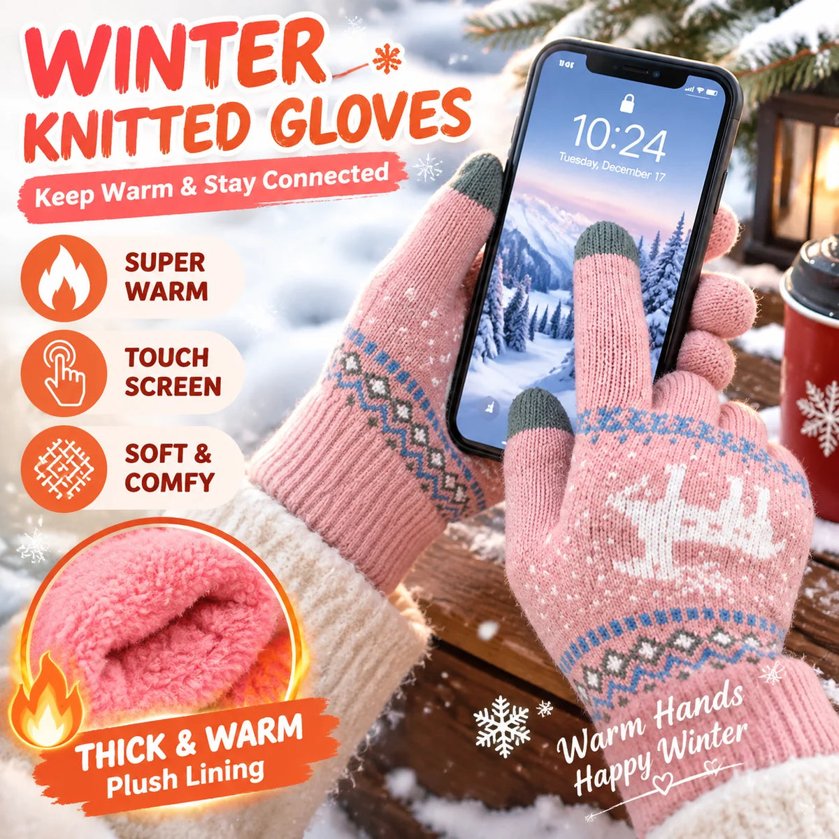Winter Knitted Cashmere Gloves – Christmas Deer Touch Screen Winter Knitted Gloves PLUSH