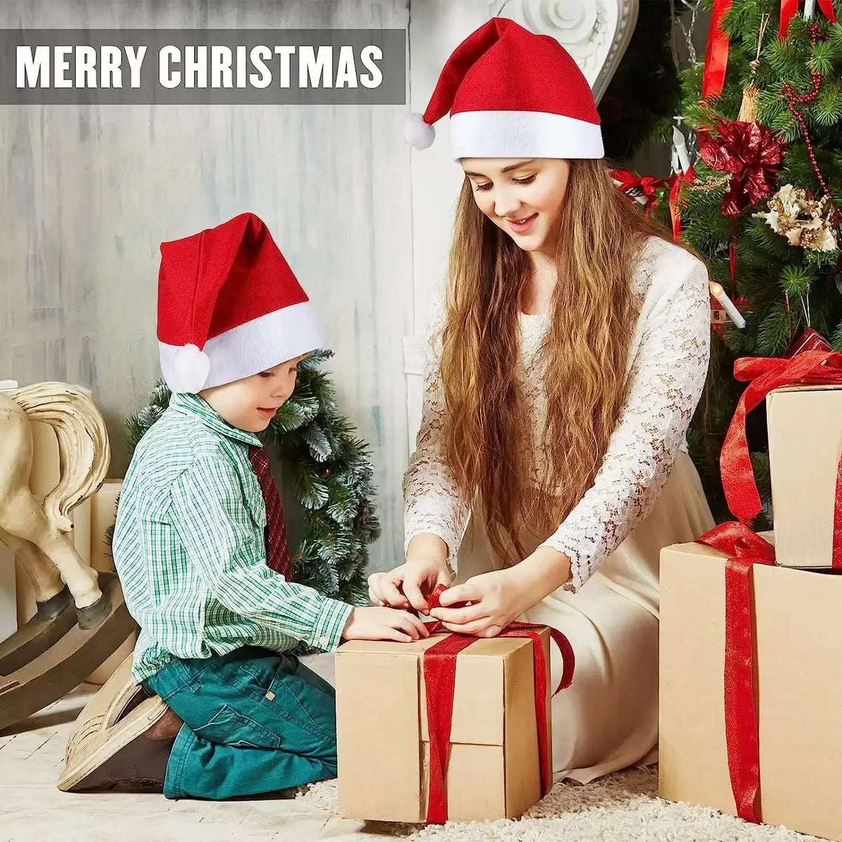 Christmas Santa Party Hats for Kids & Adults – Non-Woven Holiday Party Hat PLUSH