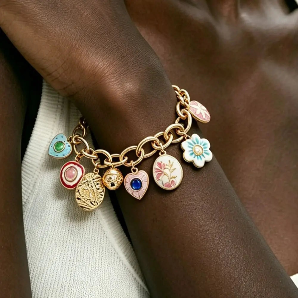 Enamel Charm Bracelet – Floral Bohemian Glaze Chain & Link Enamel Charm Bracelet PLUSH
