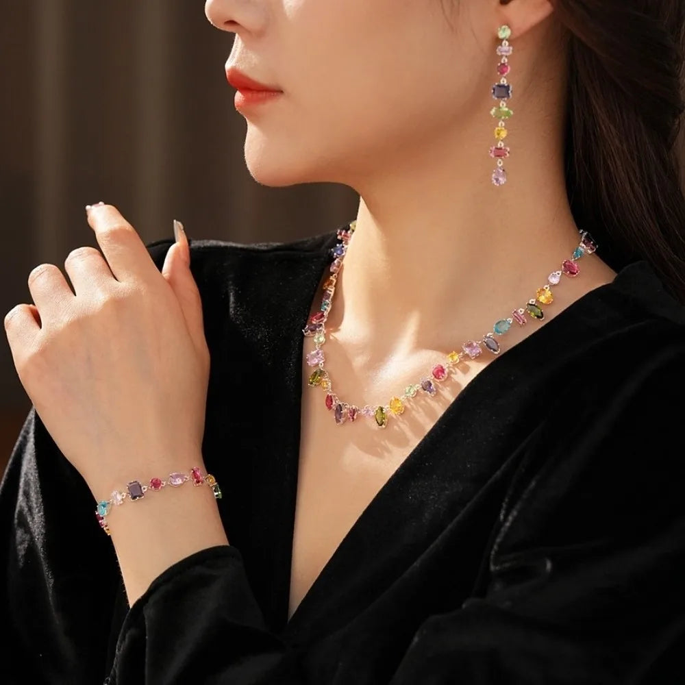 Colorful Zircon Crystal Necklace Bracelet & Earrings Set Crystal Jewelry Set PLUSH