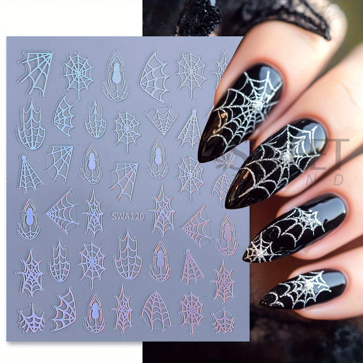 Y2K Spider Web Nail Art Stickers – Halloween Black Gold Silver Nail Art Stickers PLUSH