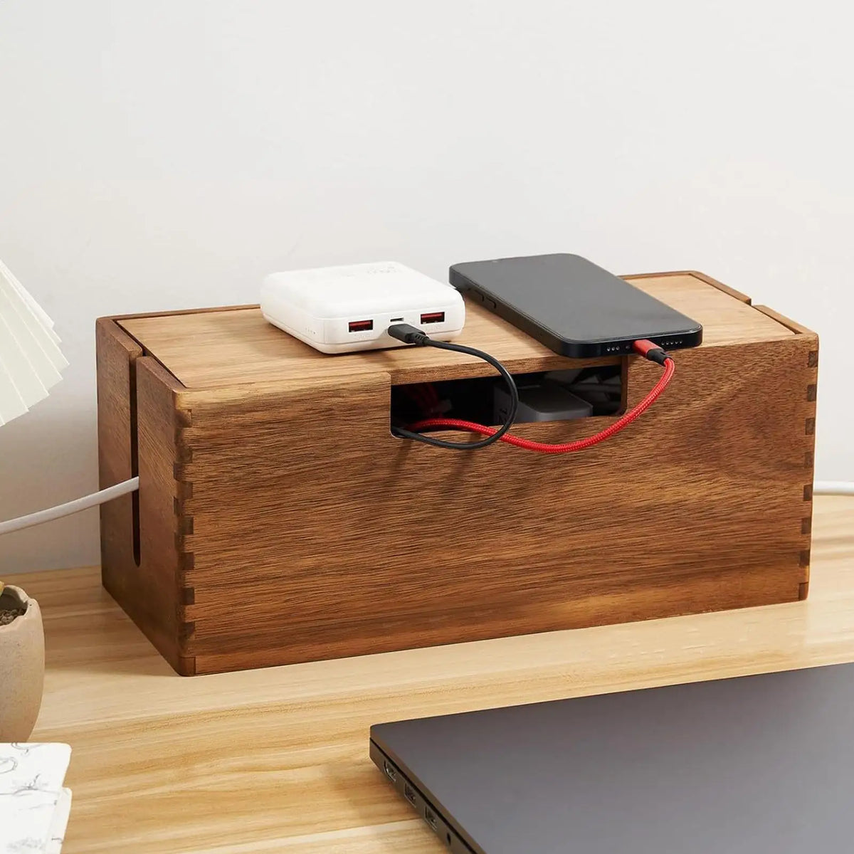Wooden Cable Storage Box – Desk Cord & Charger Organizer Cable Organizer Box PLUSH