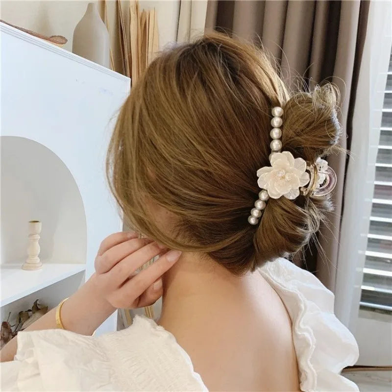 Floral Pearl Shark Hair Claw Clip – Korean Elegant Updo Hair Claw Clip PLUSH 1Pc