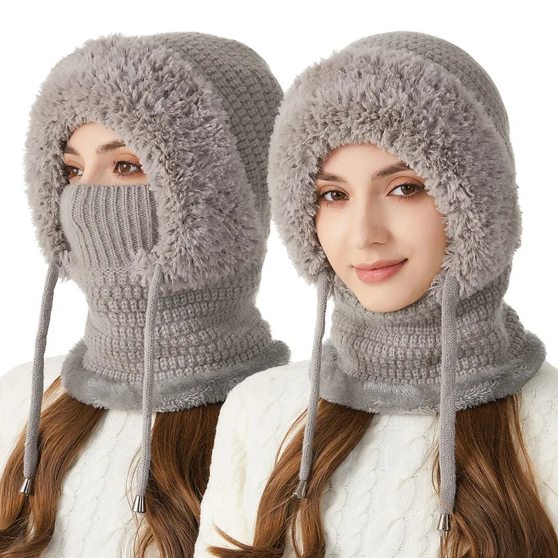 Women's Fleece Lined Knit Balaclava Hat & Neck Warmer Balaclava Hat PLUSH Grey 1PCS