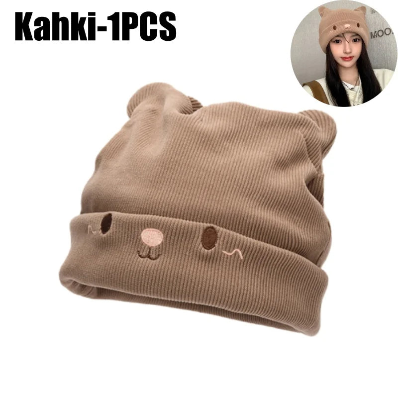 Kawaii Cat Ear Knit Beret – Oversized Stretchy Beanie for Women Knit Beret Hat PLUSH Kahki-1PCS