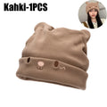 Kawaii Cat Ear Knit Beret – Oversized Stretchy Beanie for Women Knit Beret Hat PLUSH Kahki-1PCS