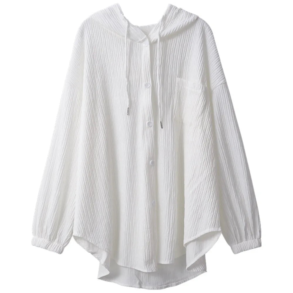 Women's Loose Hooded Sun Protection Top – Ice Silk Long Sleeve Hooded Sun Shirt PLUSH White M