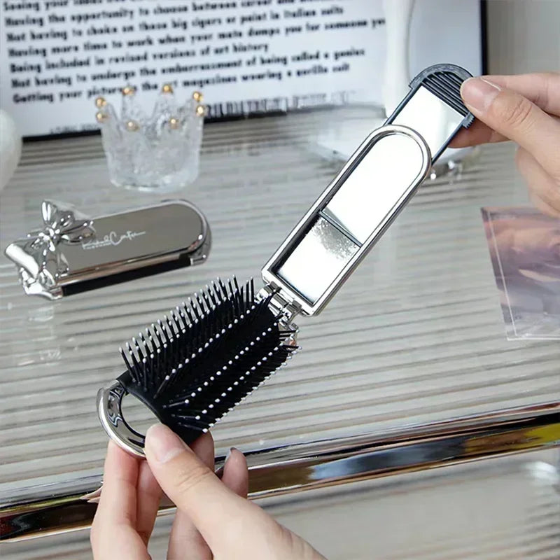 Bow Mini Folding Hair Brush with Mirror – Portable Travel Comb Folding Hair Brush PLUSH