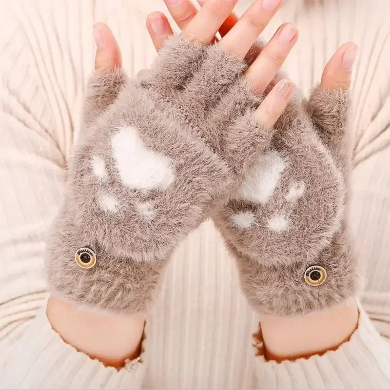 Winter Cat Paw Mittens – Convertible Flip Top Knit Gloves Convertible Winter Mittens PLUSH Khaki 1Pair