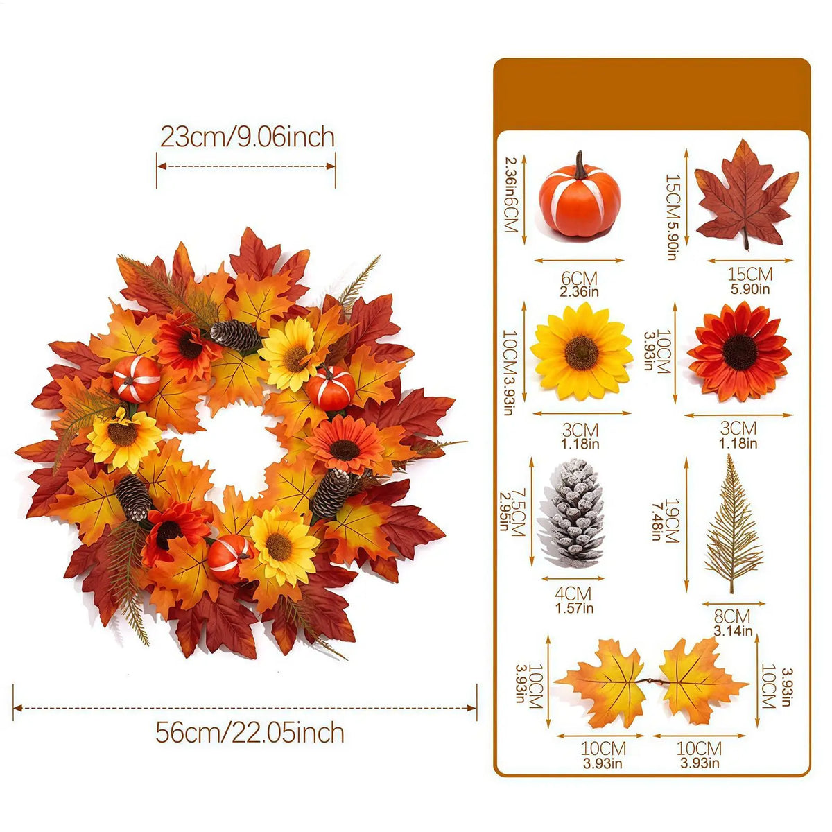56cm Fall Harvest Pumpkin Maple Leaf Wreath | Autumn Door Decor Seasonal Door Wreath PLUSH
