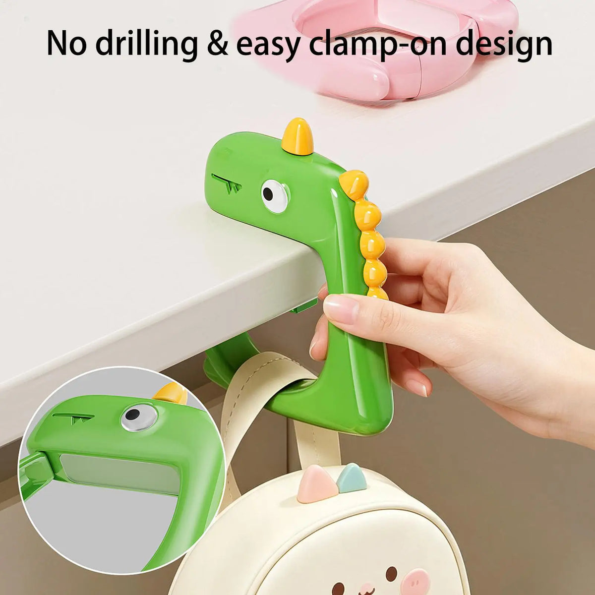 Dinosaur Desk Purse Hook – Clip-On Foldable Bag Hanger Clip-On Bag Hook PLUSH