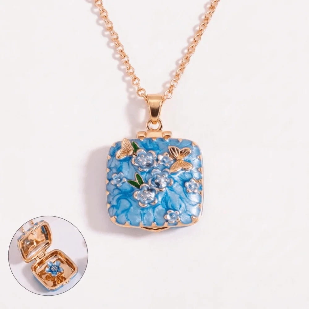 Vintage Square Locket Necklace – Enamel Floral Butterfly Pendant Locket Pendant Necklace PLUSH Style C